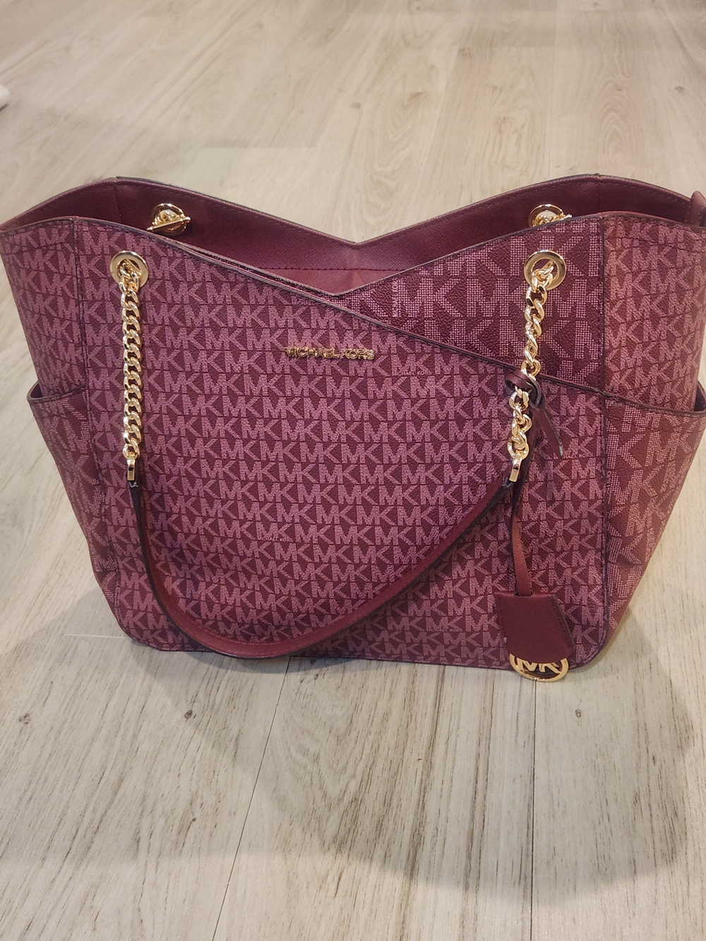 Michael Kors Jet Set Travel Medium Chain Tote Burgundy MK Logo Shoulder Bag